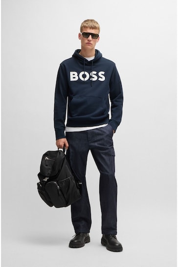 BOSS Blue Contrast-Logo in Cotton Terry Hoodie