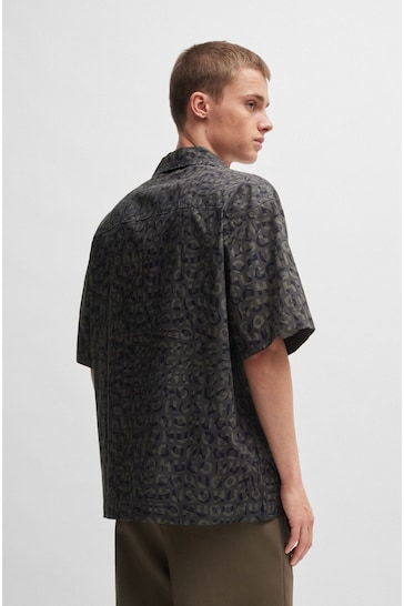HUGO Oversized-Fit Seasonal Print Black Shirt In Cotton Poplin