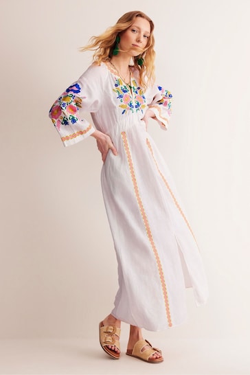 Boden White Petite Una Linen Embroidered Dress