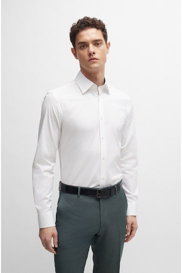 BOSS White Slim-Fit Easy-Iron Shirt In Stretch-Cotton Poplin