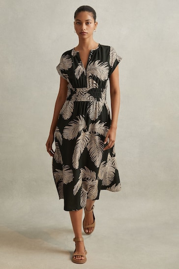 Reiss Khaki Colby Tropical Print Elasticated Waist Midi Dress