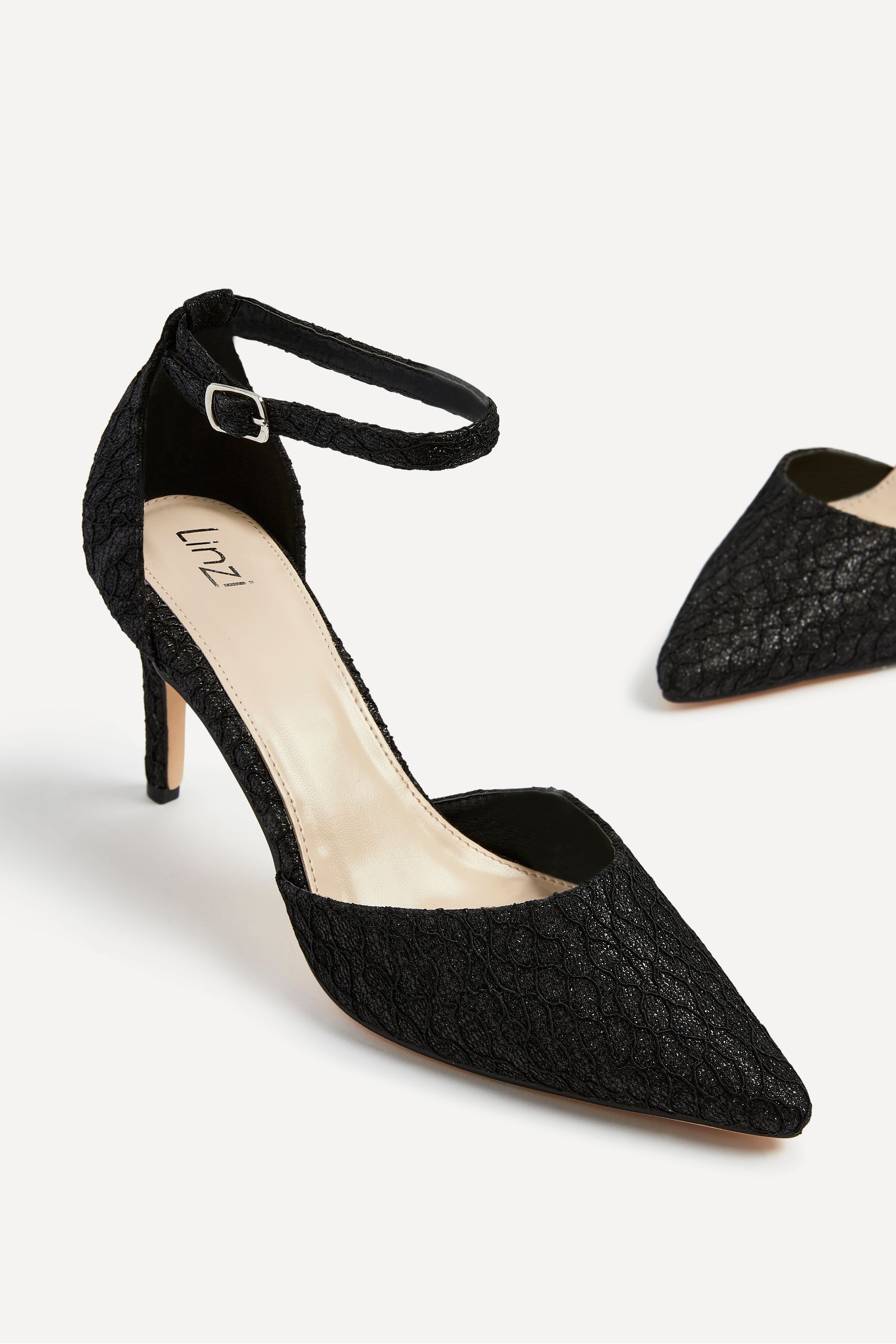 Buy Linzi Black Glitter Maci Stiletto Court Heels With Ankle Strap from the Next UK online shop