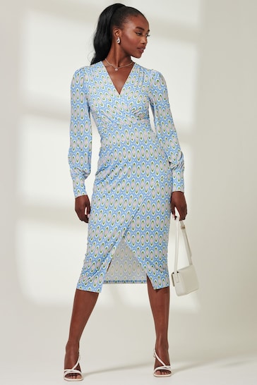 Jolie Moi Blue Print Long Sleeve Jersey Pencil Dress