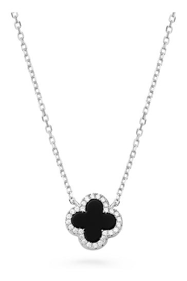 Beaverbrooks Sterling Silver Cubic Zirconia Onyx Clover Necklace