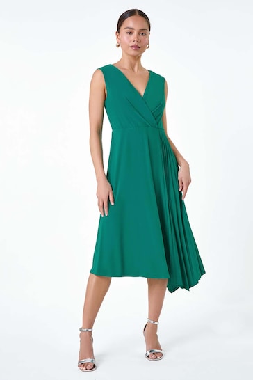 Roman Green Pleat Detail Stretch Wrap Dress