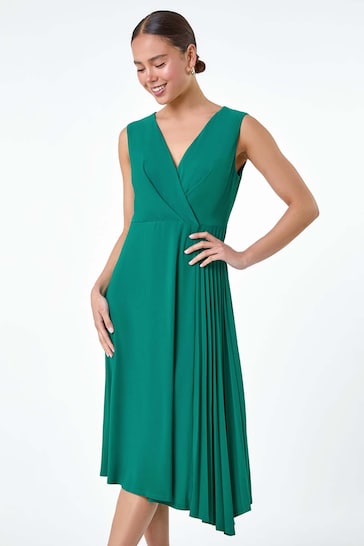 Roman Green Pleat Detail Stretch Wrap Dress