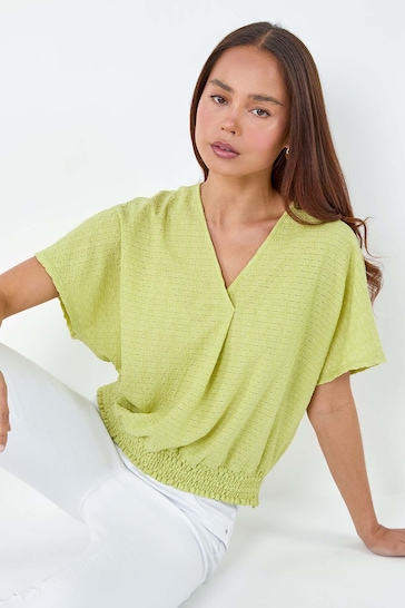 Roman Green Textured Shirred Stretch Top