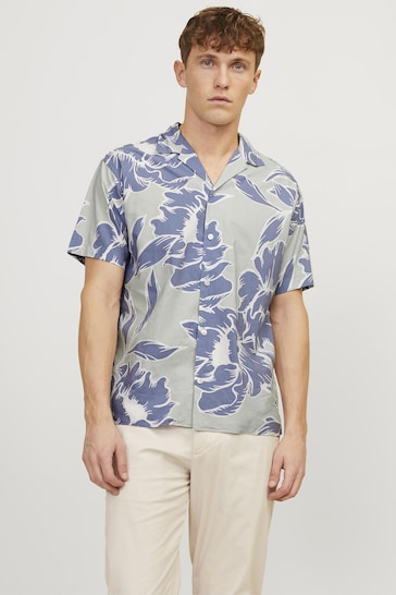 JACK & JONES Blue Tropical Printed Resort Collar Summer Shirt