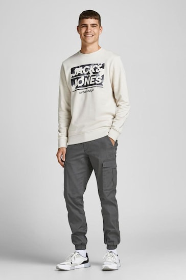 JACK & JONES Grey Slim Leg Cuffed Cargo Trousers