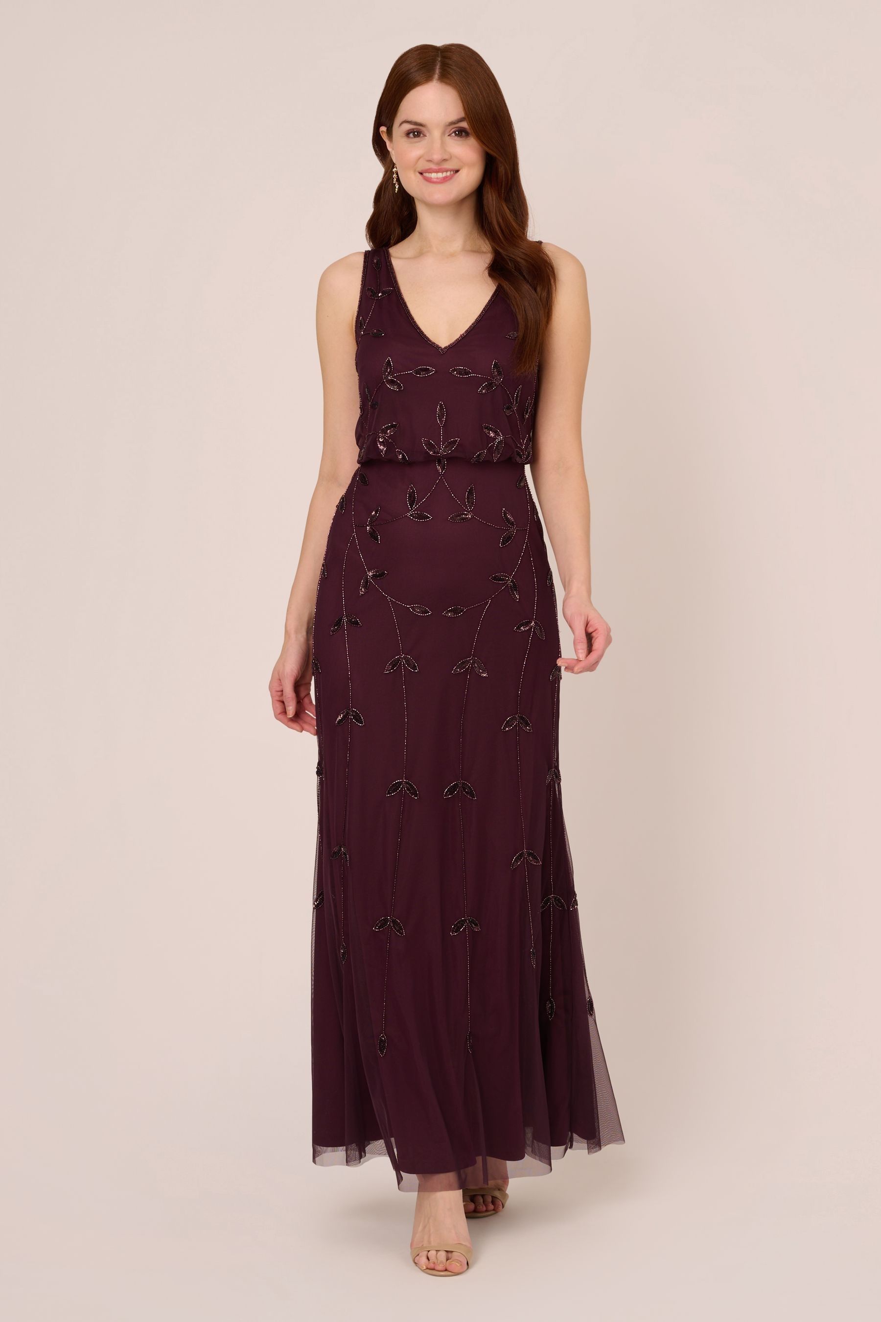 Adrianna Papell Studio Red Beaded Blouson Long Dress