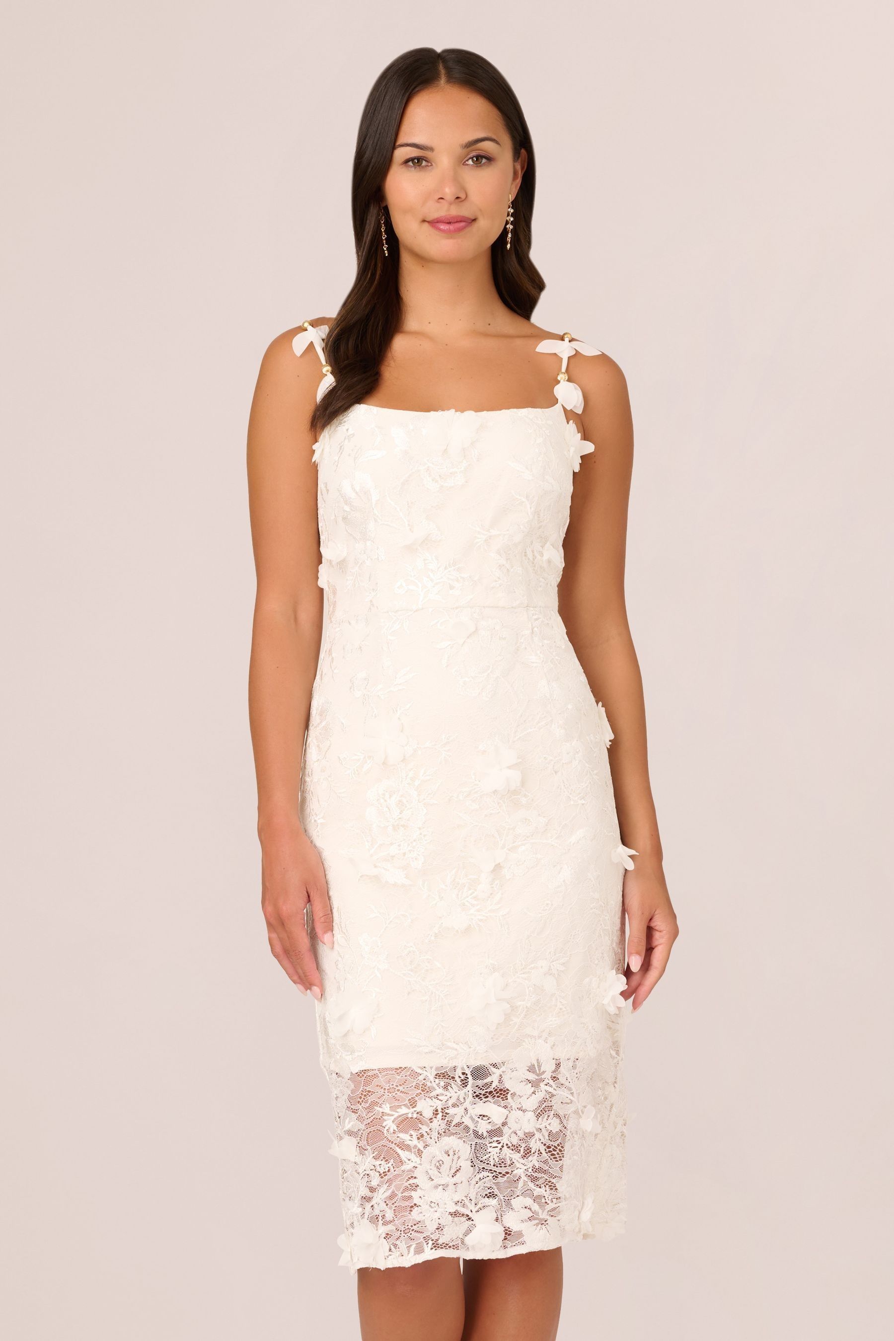 Adrianna Papell Embroidered Lace Midi White Dress