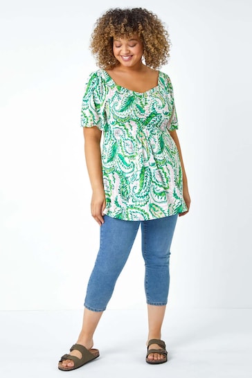 Roman Green Paisley Print Peplum Stretch Top