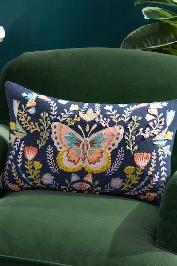Wylder Nature Midnight Mirrored Butterfly Embroidered Cushion