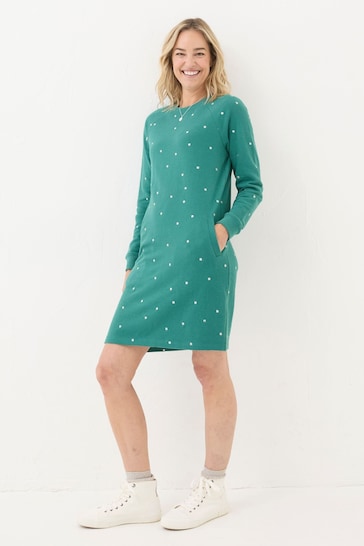 FatFace Green Embroidered Sweat Dress