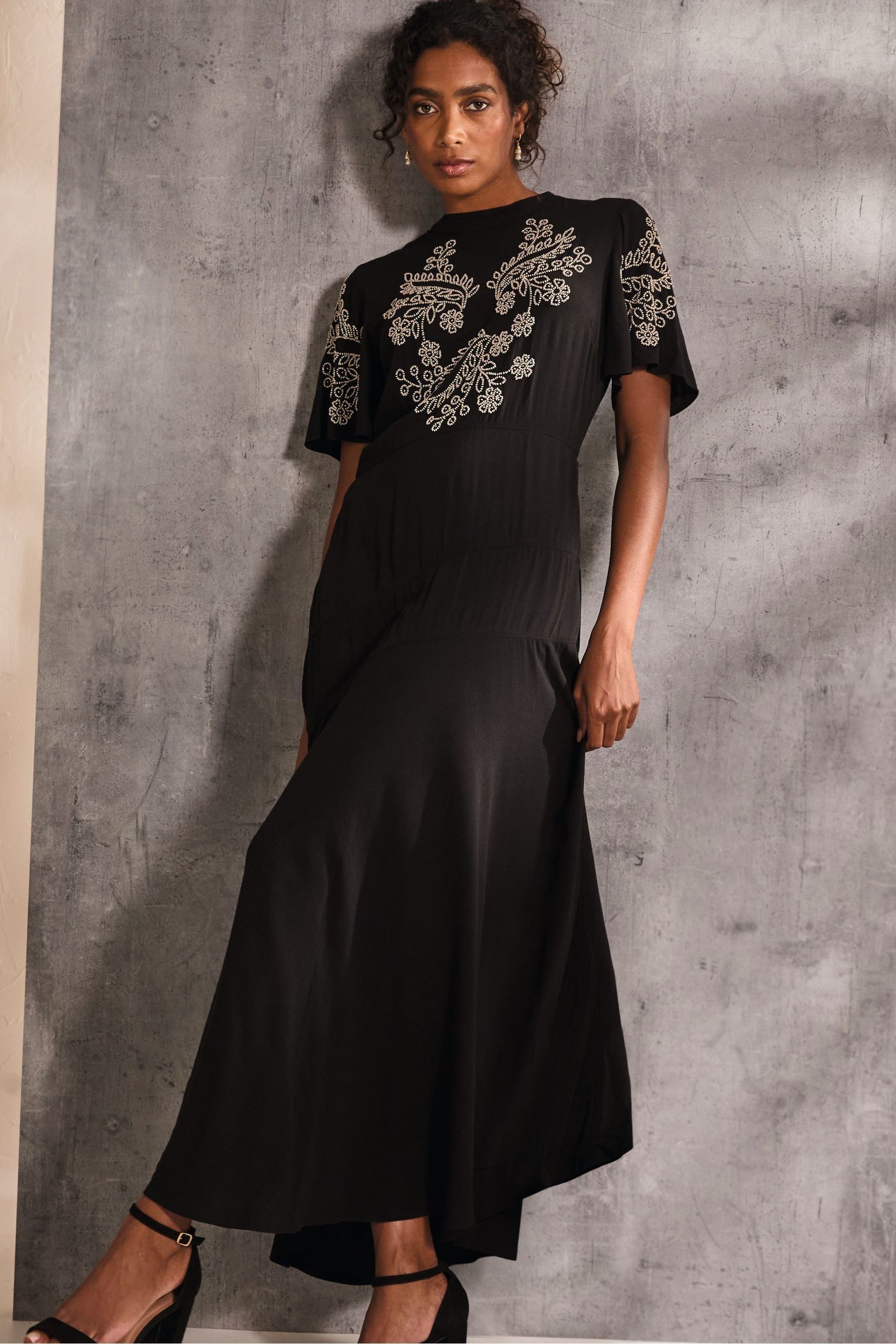 Black beaded maxi dress discount