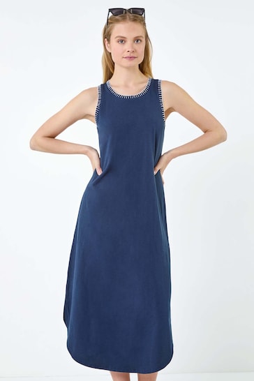 Roman Blue Contrast Stitch Stretch Jersey Midi Dress
