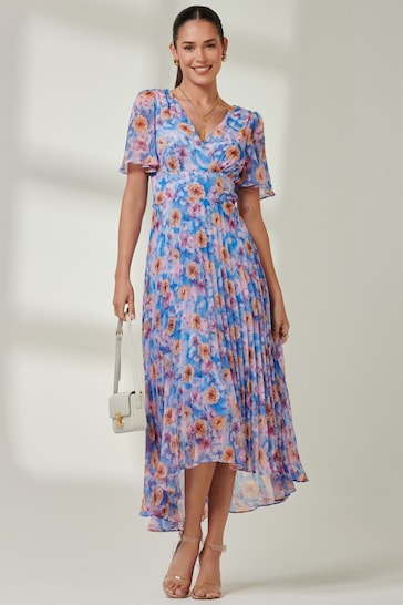 Jolie Moi Blue Multi Floral Pleated Dip Hem Chiffon Maxi Dress