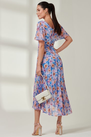 Jolie Moi Blue Multi Floral Pleated Dip Hem Chiffon Maxi Dress