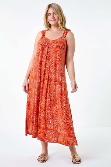 Roman Orange Abstract Ring Detail Midi Dress