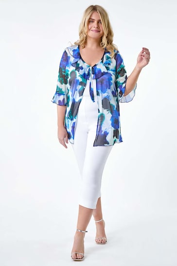 Roman Blue Tie Front Printed Mesh Top