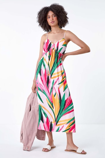 Roman Pink Tropical Leaf Tie Detail Midi Dress