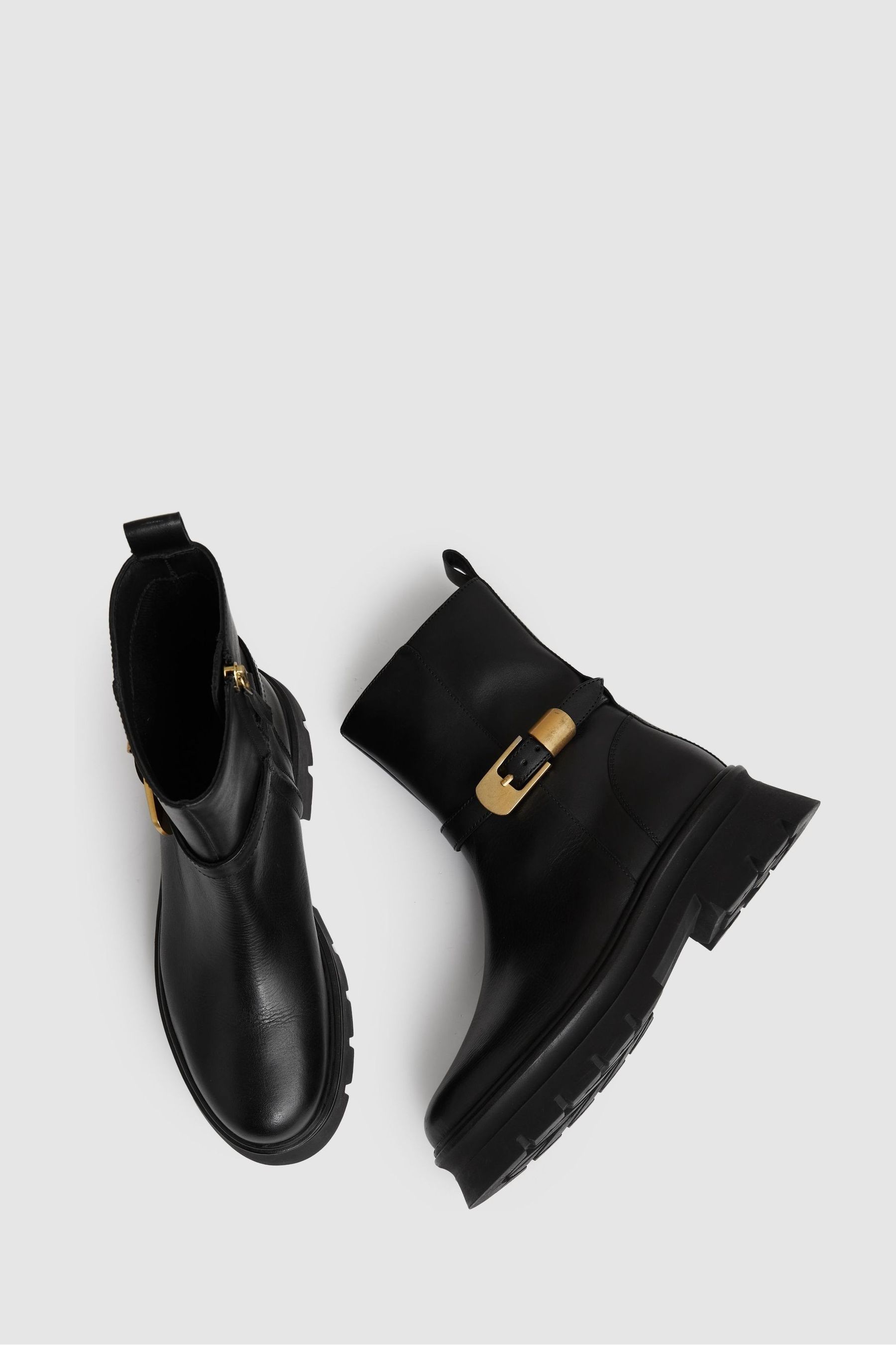 Reiss Black Elena Leather Cleated Ankle Boots