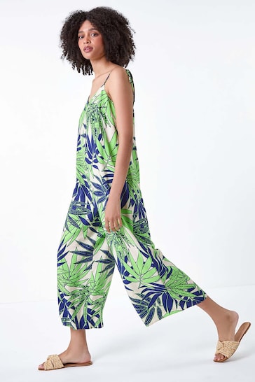 Roman Green Tropical Leaf Cropped Jumpsuit