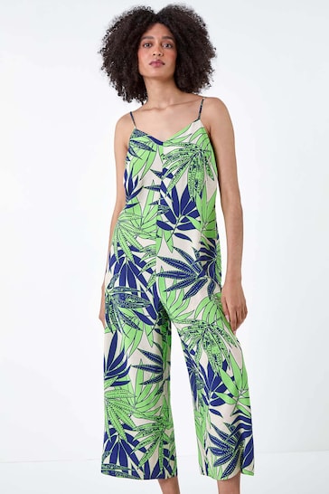 Roman Green Tropical Leaf Cropped Jumpsuit