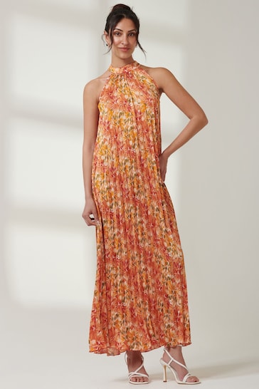 Jolie Moi Orange Halter Neck Pleated Maxi Dress