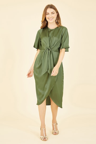 Yumi Green Satin Tie Detail Midi Dress