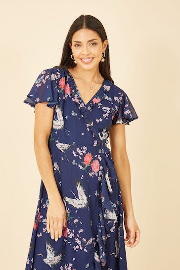 Yumi Dark Blue Satin Crane Print Wrap Dress