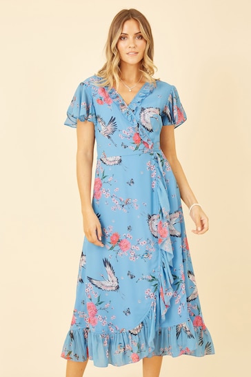 Yumi Blue Satin Crane Print Wrap Dress