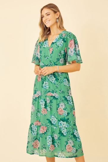 Yumi Green Floral Wrap Midi Dress With Tiered Hem