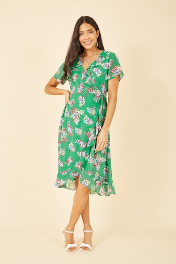 Yumi Green Floral Frill Wrap Midi Dress