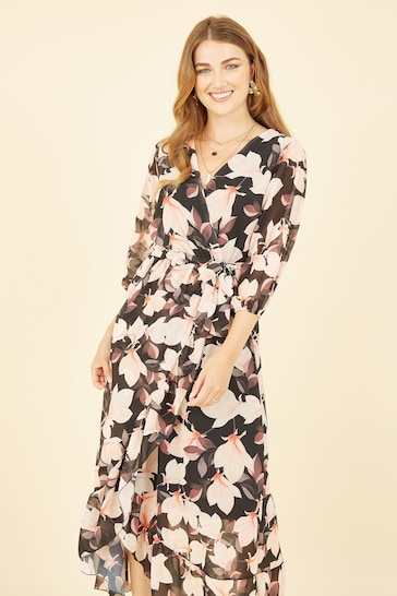 Yumi Multi Blossom Wrap Midi Dress With 3/4 Sleeves