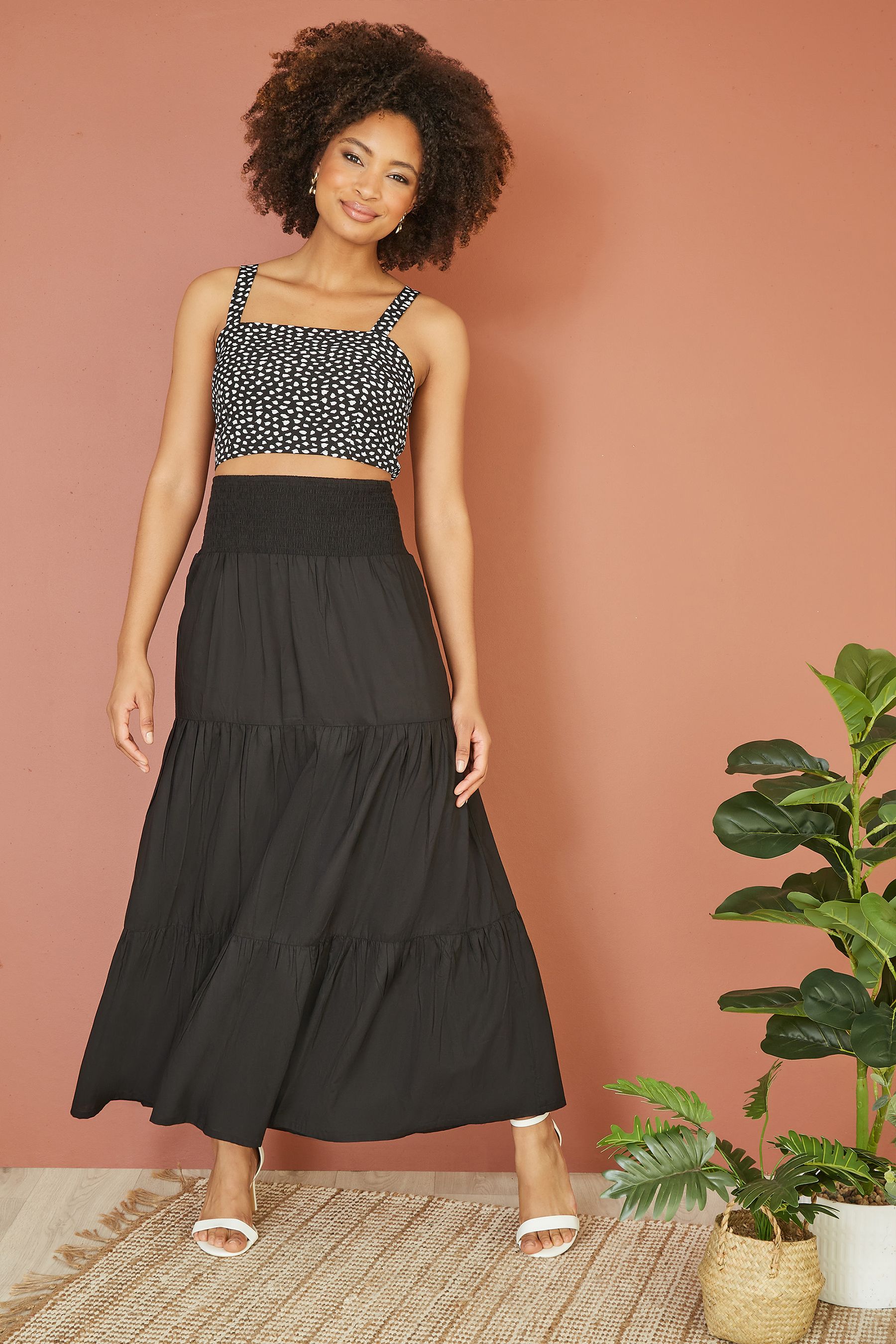 Yumi Black Cotton Voile Palm Leaf Ruched Waist Midi Skirt