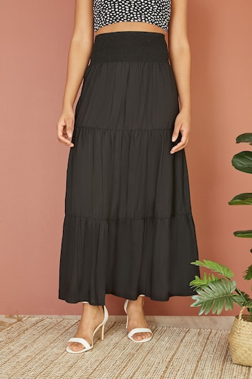 Yumi Black Cotton Voile Palm Leaf Ruched Waist Midi Skirt