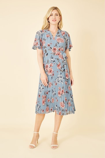 Yumi Blue Floral Pleated Wrap Midi Dress