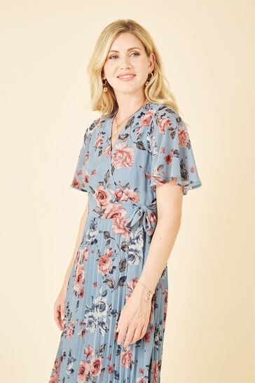 Yumi Blue Floral Pleated Wrap Midi Dress