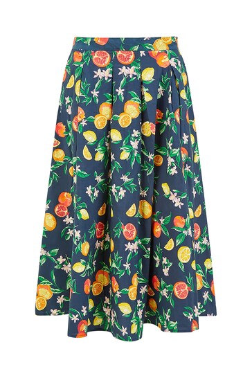 Yumi Blue Organic Cotton Citrus Print Midi Skirt