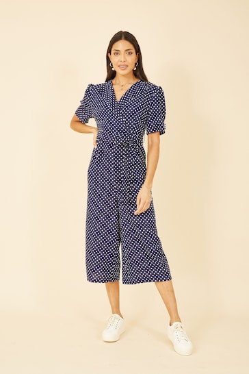 Yumi Blue Spot Print Retro Culotte Jumpsuit