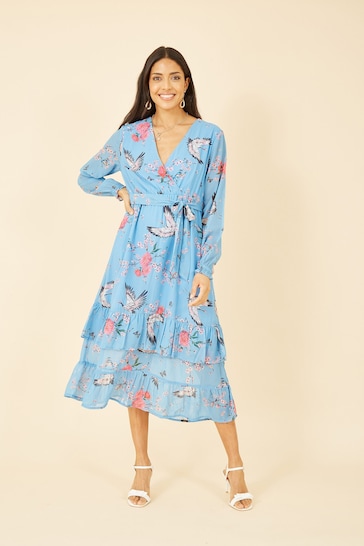 Yumi Blue Crane Print Long Sleeve Wrap Midi Dress