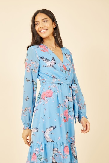 Yumi Blue Crane Print Long Sleeve Wrap Midi Dress