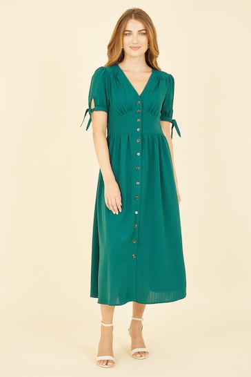 Yumi Green Midi Preston Shirt Dress With Tie Sleeves