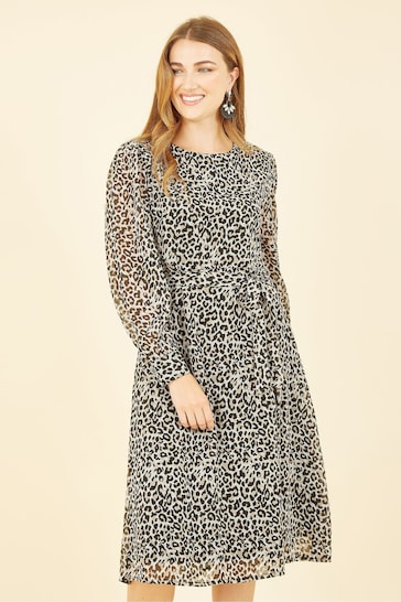 Yumi Black Leopard Print Long Sleeve Skater Dress