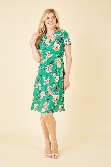 Yumi Green Floral Ruched Waist Dress