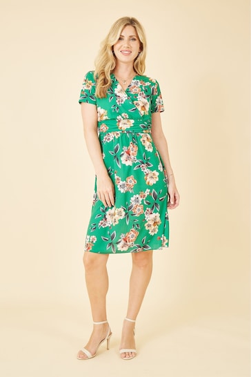 Yumi Green Floral Ruched Waist Dress