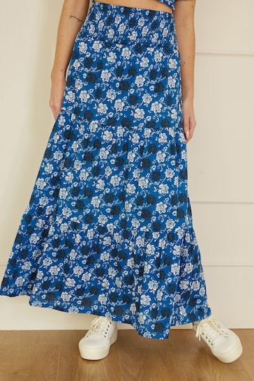Yumi Blue Cotton Voile Floral Ruched Waist Midi Skirt