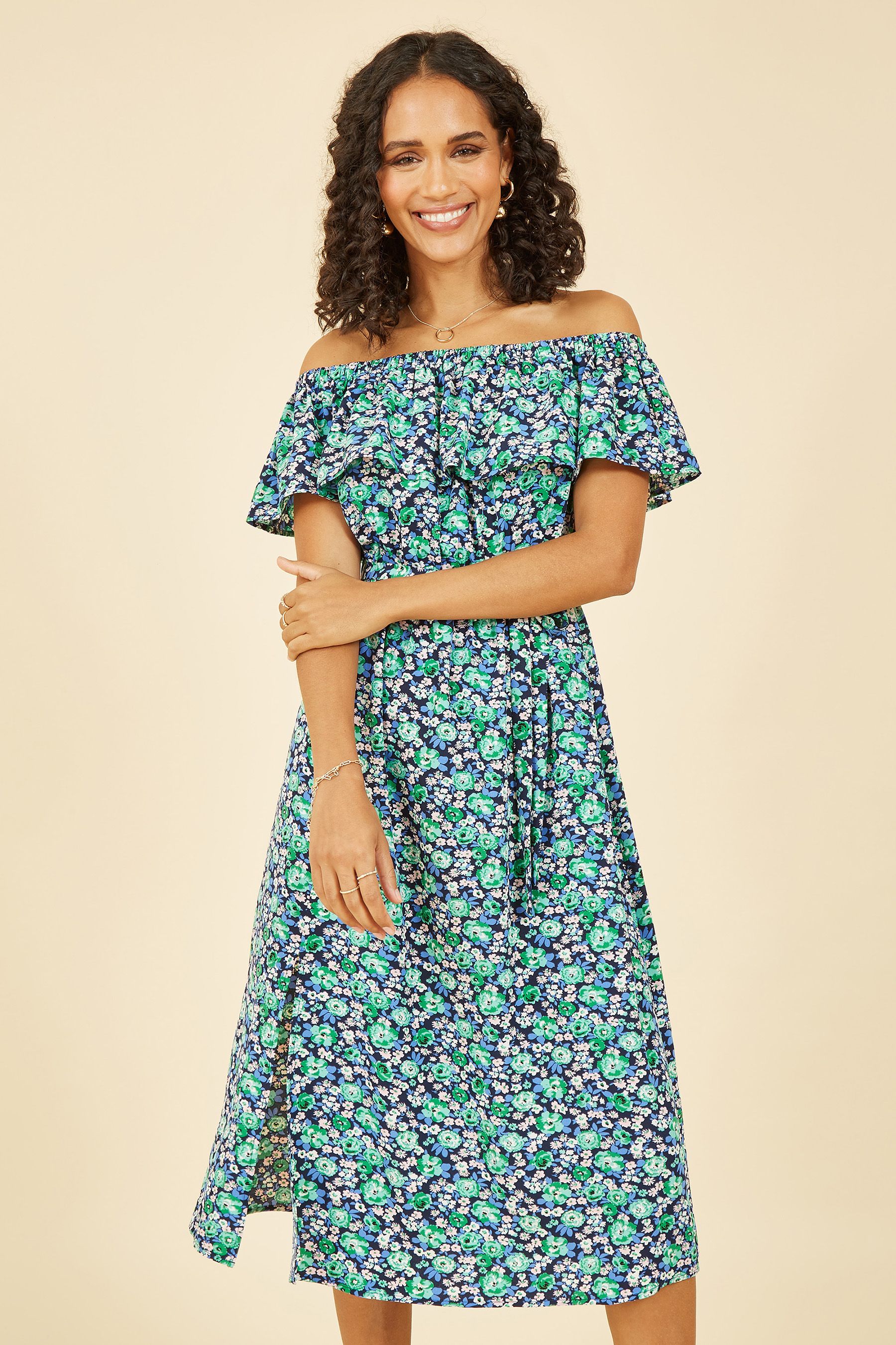 Buy Yumi Green Ditsy Floral Bardot Midi Dress from the Next UK online shop