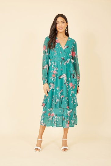 Yumi Green Crane Print Long Sleeve Wrap Midi Dress